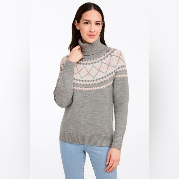 Tommy Hilfiger Fair Isle Turtleneck Sweater Gray Pink White Sz L Nordic Pullover - Picture 1 of 12